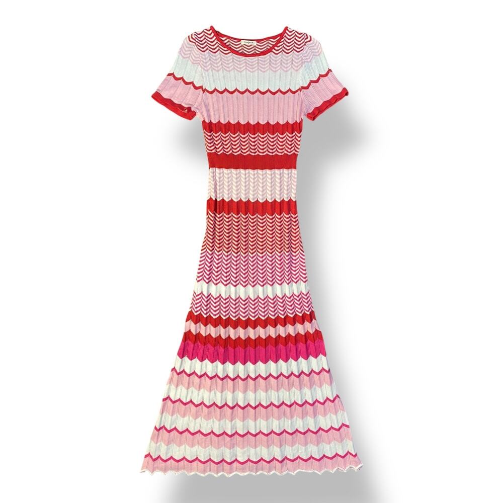 SundayUp Pink Pleated Stripped Knit Short Sleeve Midi Dress Size M Preppy Casual